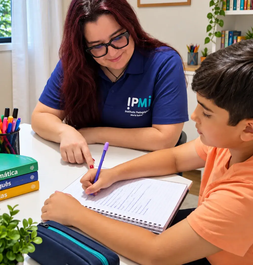 Professora do IPMI acompanhando um aluno em aula particular, com livros de Matemática, Português e Ciências sobre a mesa